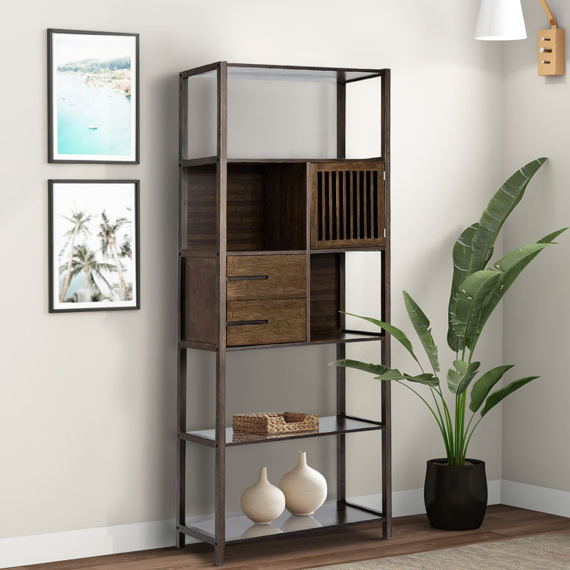 Mareike Axa 68 Inch Bamboo Shelf Bookcase with Cabinet, Right Facing, Cappuccino