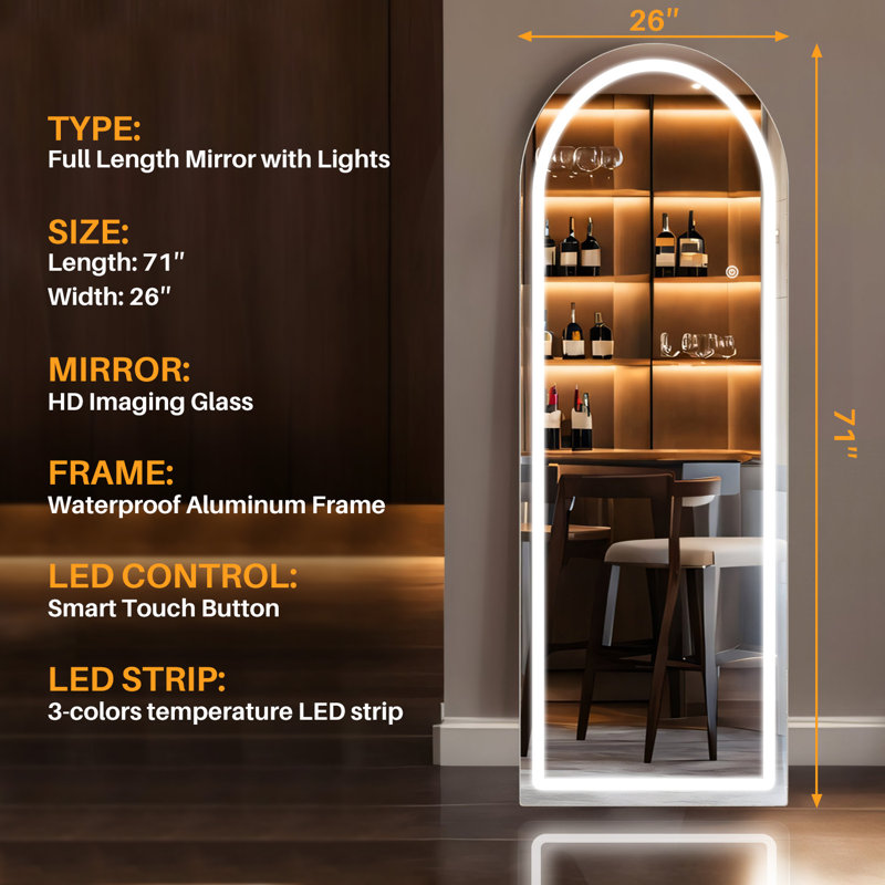 Belspring Mirror Full Length Standing Mirror with LED Lights, Lighting Floor Mirror with Stand and Dimming, 71" x 26"