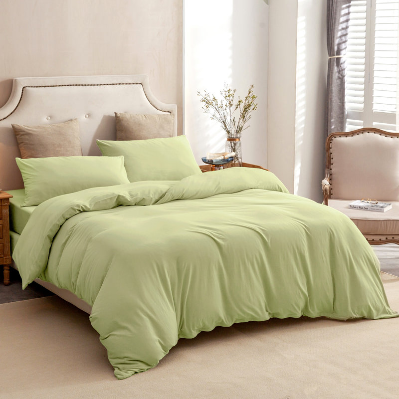 HOME BEDDING Jersey Cotton Duvet Cover Set, Queen Duvet Cover + 2 Standard Shams, Lemon Green