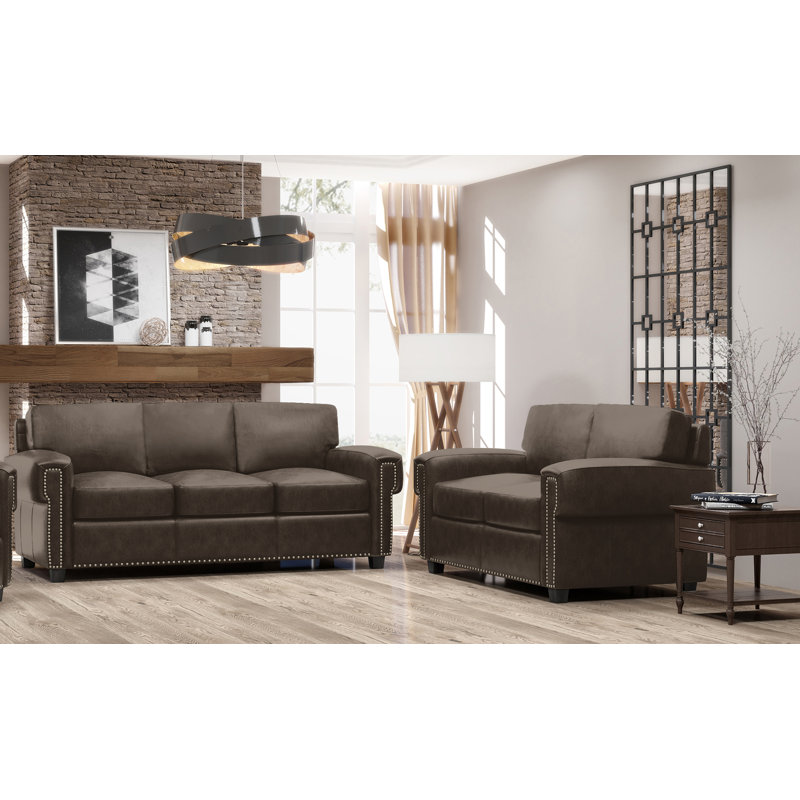 Ensemble de salon en cuir 2 pièces Fardin, Cuir véritable espresso