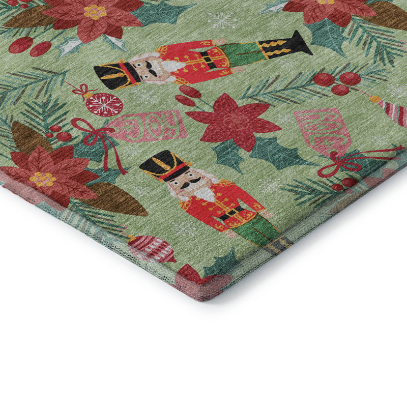 Premium Machine Washable Dockside AMF1822 Nutcracker and Poinsettia Rug, Rectangle 1'8" x 2'6"