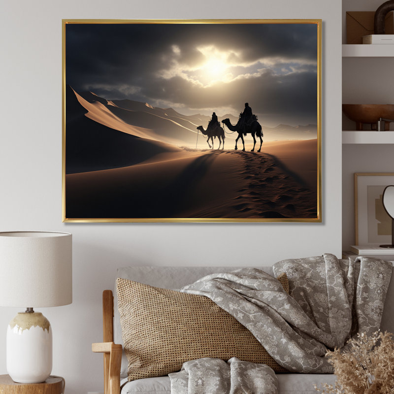 " Camel Majestic Caravan ", 12" H x 20" W x 1" D, Gold Floater Framed