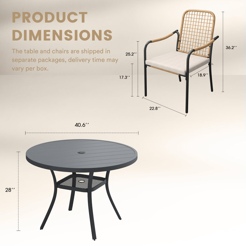 Ensemble repas d'extérieur pour 4 personnes avec chaises empilables en rotin, Gris