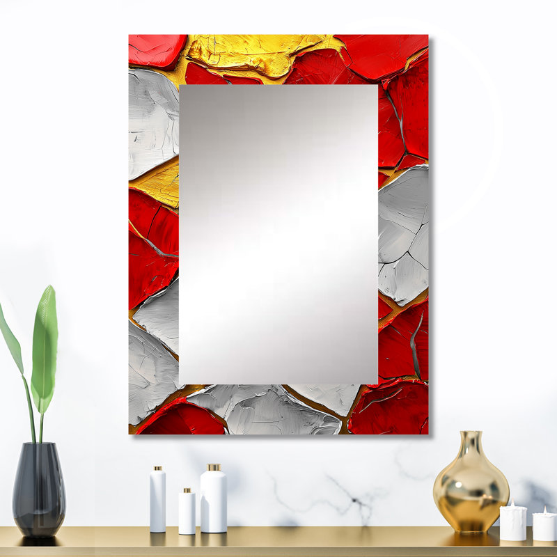 Abstrait Fiery Fragmented Balance II - miroir moderne, miroir mural rouge unique, impression d'art en métal, 32 po x 24 po