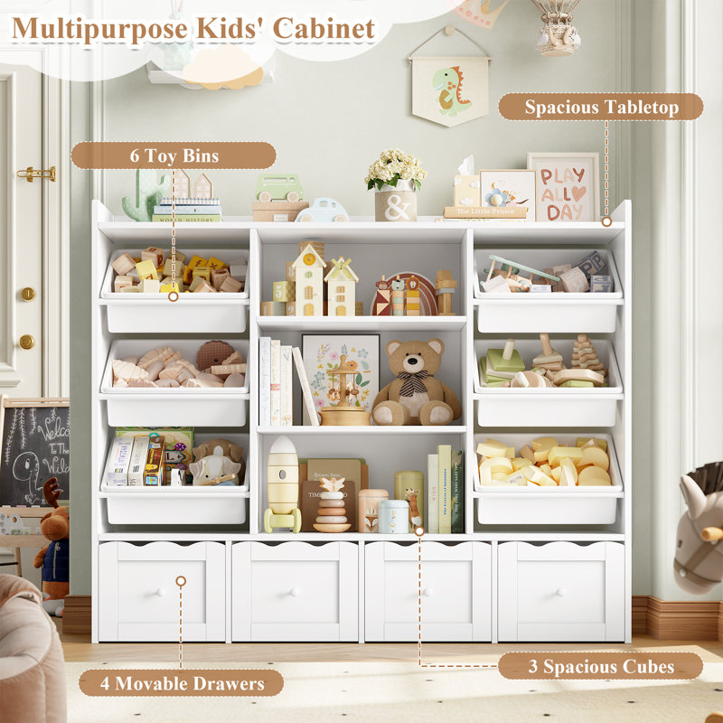 🧸 4-Tier Kids Bookcase with Drawers and Bins, All-in-One Toy Storage Organizer for Playroom, White