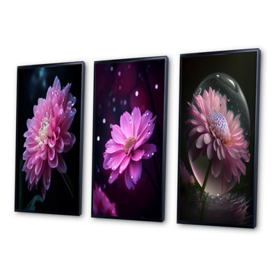 «Gouttes d'eau délicates sur pétales de dahlia roses», 3 pièces