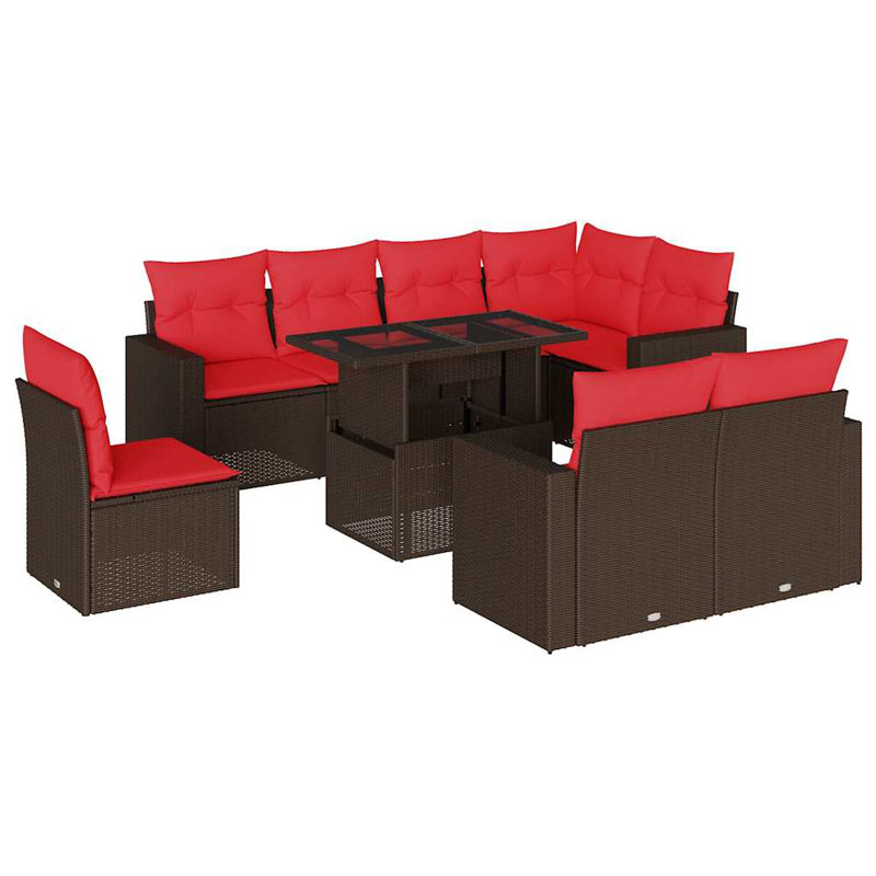  Ensemble de canapé de patio 9 pièces avec coussins en rotin de polyester noir, Rouge, Brun