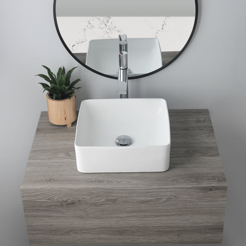 14.5 in. x 14.5 in. Porcelain, White Square Vessel Bathroom Sink, White