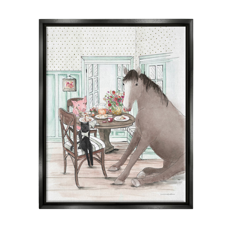 Animaux partageant un repas, impression encadrée sur bois, H 21 po x l 17 po x P 1,7 po, Cadre flottant noir de jais