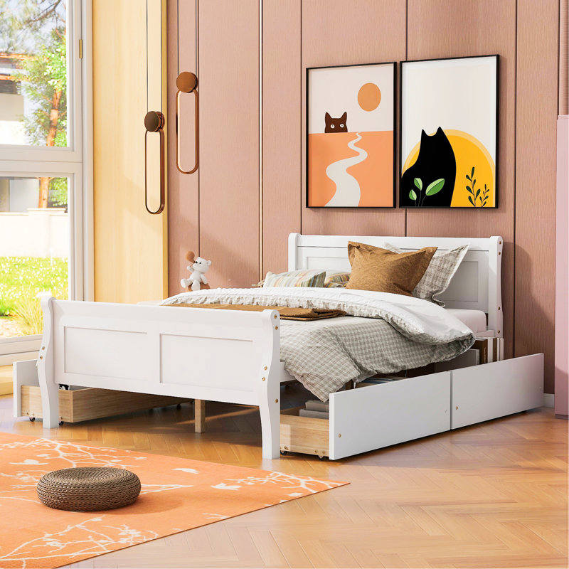 Lit plateforme avec rangement en bois massif Sebbie, Blanc, Full