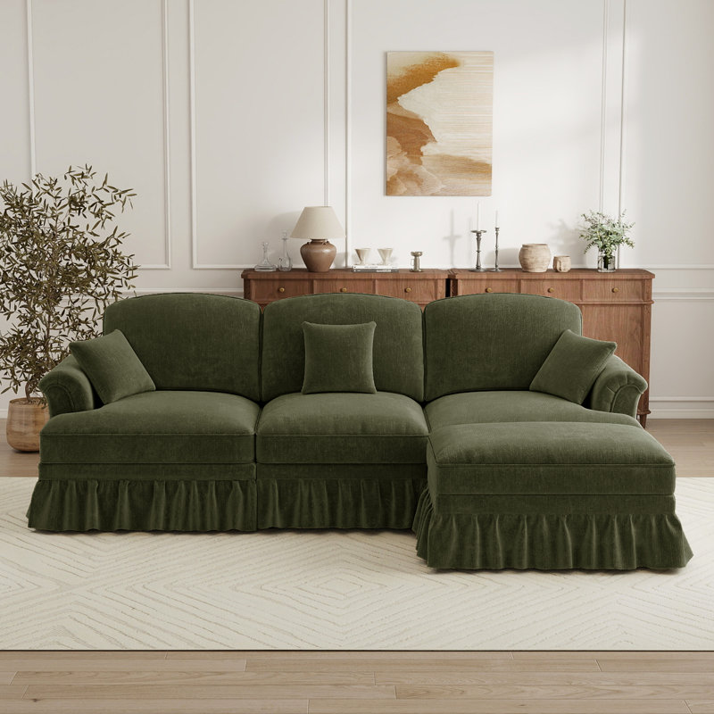 Mid Century Three Seater Modular L Shaped Sectional Couch With Removable Ruffles Pleats Skirts, Comfy Chenille 3-seat Deep Seat Sofa With Movable Ottoman