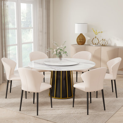 59.05" Modern Round Sintered Stone Dining Table With Lazy Susan