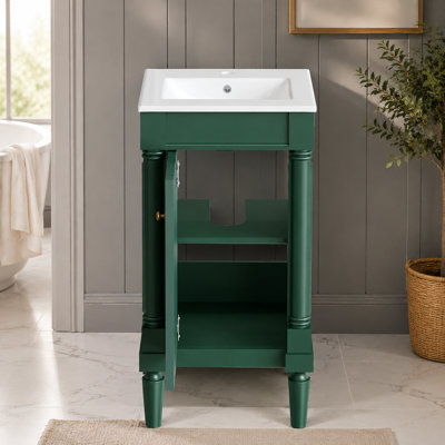Meuble de salle de bain vert de 46 cm (18,14 pouces) avec lavabo en céramique, style français, tablette réglable et charnières à fermeture douce.