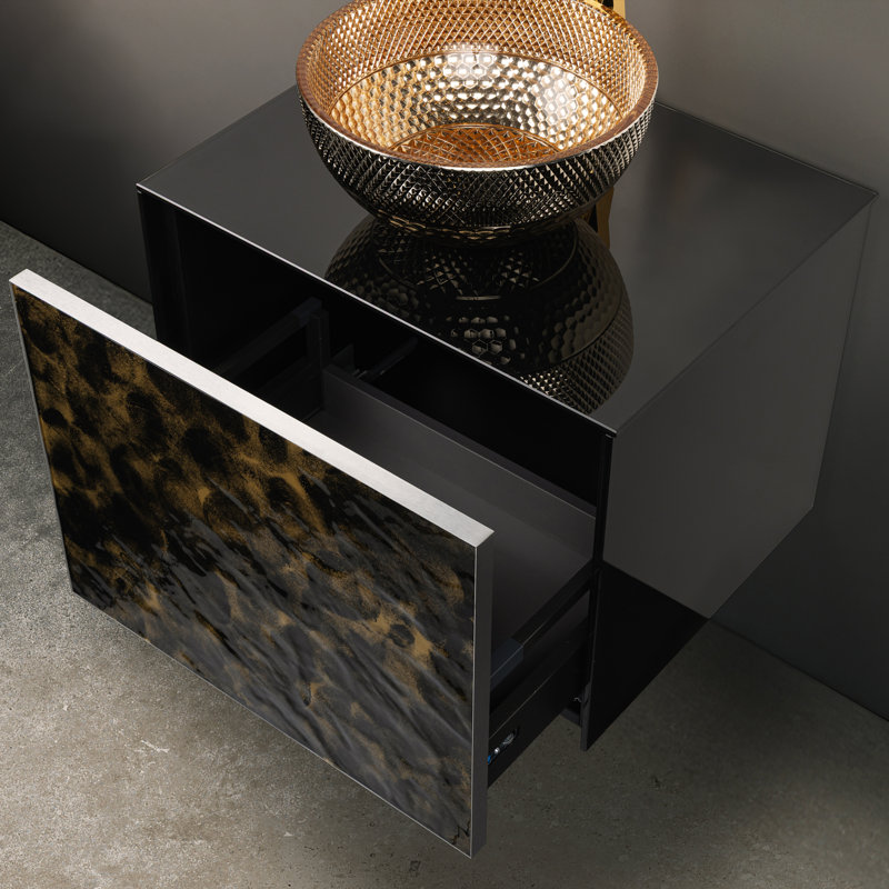 Meuble-lavabo mural de luxe en cristal Murano, 24", Noir et or