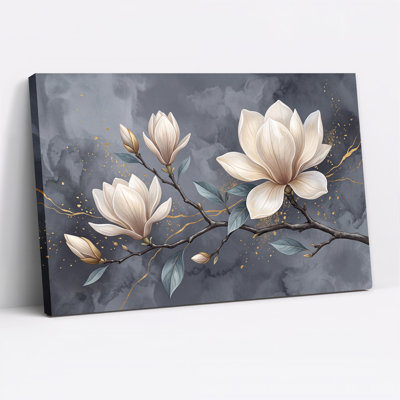Art mural sur toile de fleurs de magnolia sur fond gris avec éclaboussures dorées