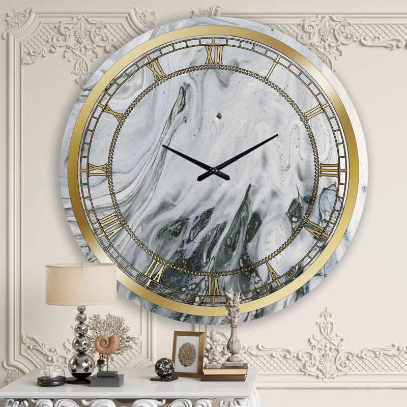 Marbre gris et blanc avec Golden Power - Glam horloge murale, Surdimensionné