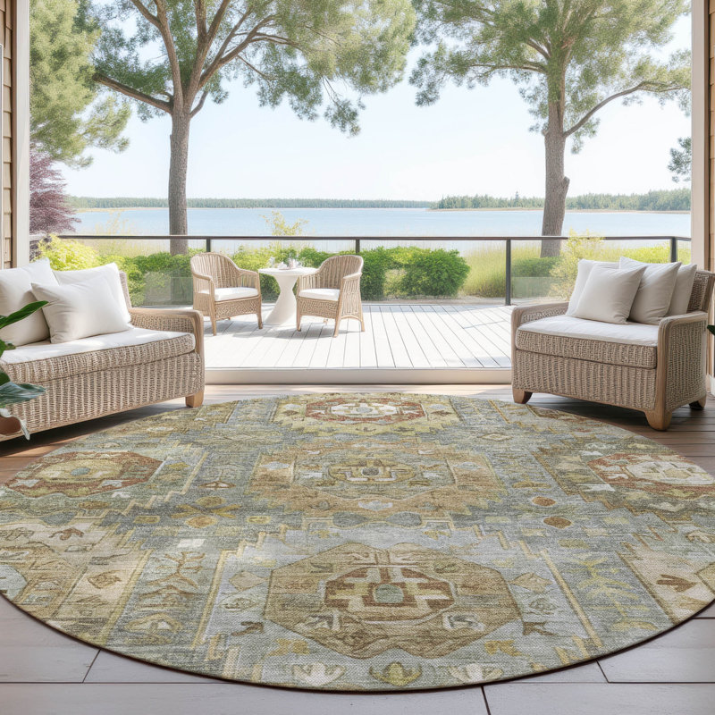 Machine Washable Indoor/Outdoor Xhevrie Sage Rug, Round 8'