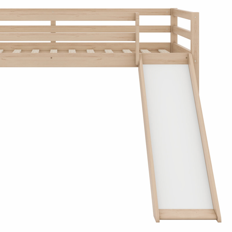 Twin Low Loft Bed With Slide, Ladder, Safety Guardrails, White Oak