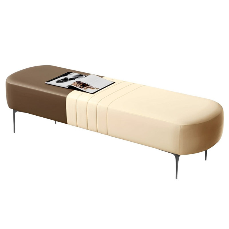 Banc rembourré en cuir clair de style italien léger, Blanc cassé / café, H 17,71 po x l 62,99 po x P 15,74 po
