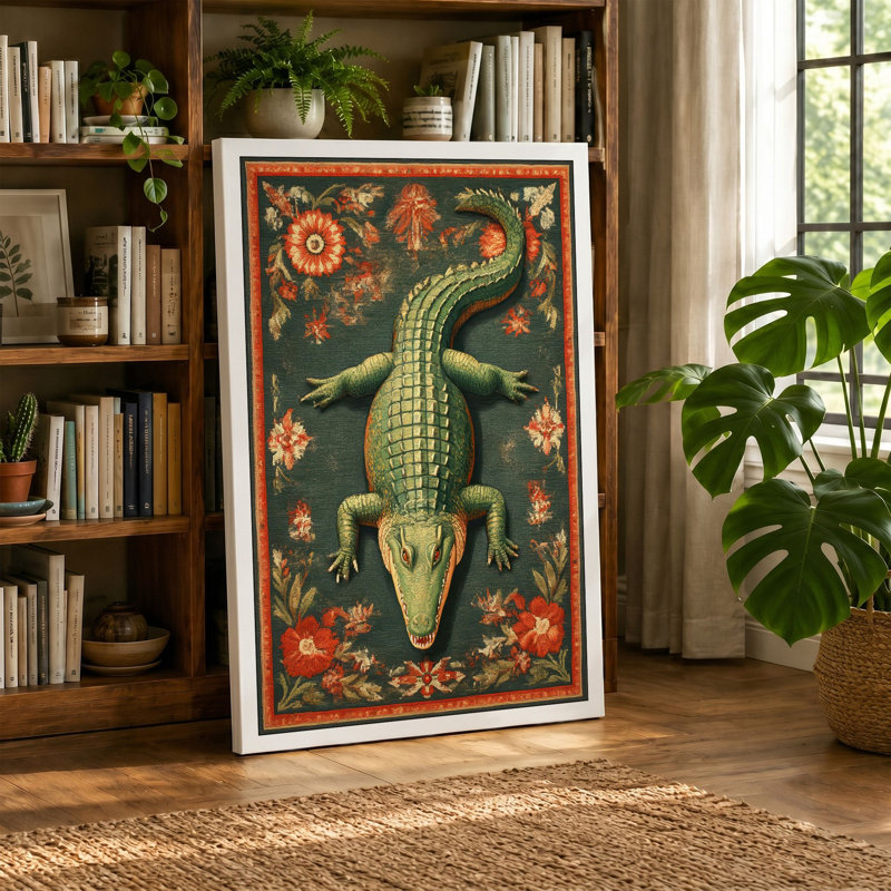 Crocodile With Florals Boho - Print, 30x20 - 76.2 x 50.8 cm, Cream Border