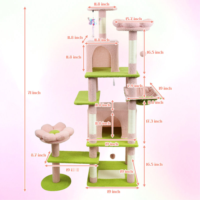 Arbre à chat de 71 pouces avec 7 poteaux renforcés et un large coussin de grattage de 10,2 po x 6,7 po pour les grands chats, assurant un affûtage des ongles des chats
