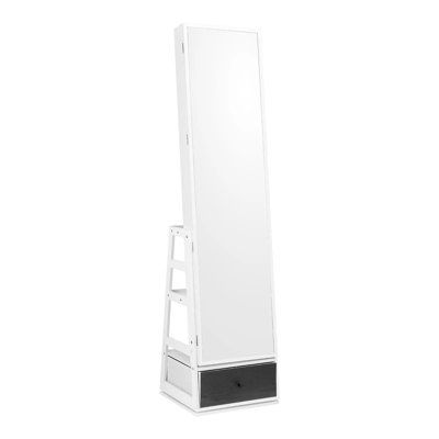 Mirror Jewelry Cabinet, 360° Swivel Standing Mirror with Storage, Lockable Jewelry Mirror Organizer with Full Length Mirror, Velvet Lining, LED Light, Drawer, Freestanding Jewelry Armoire, White