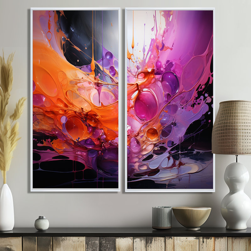 Collage abstrait orange mauve à motif de fractales - décorations murales orange 2 pièces, H 32 po x l 32 po, Blanc