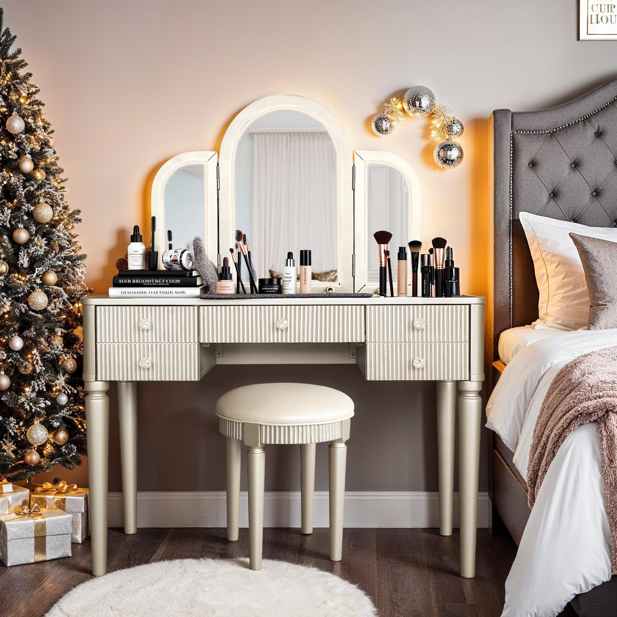 Rosdorf Park Mirrored Vanity Table Set with Spacious Storage and