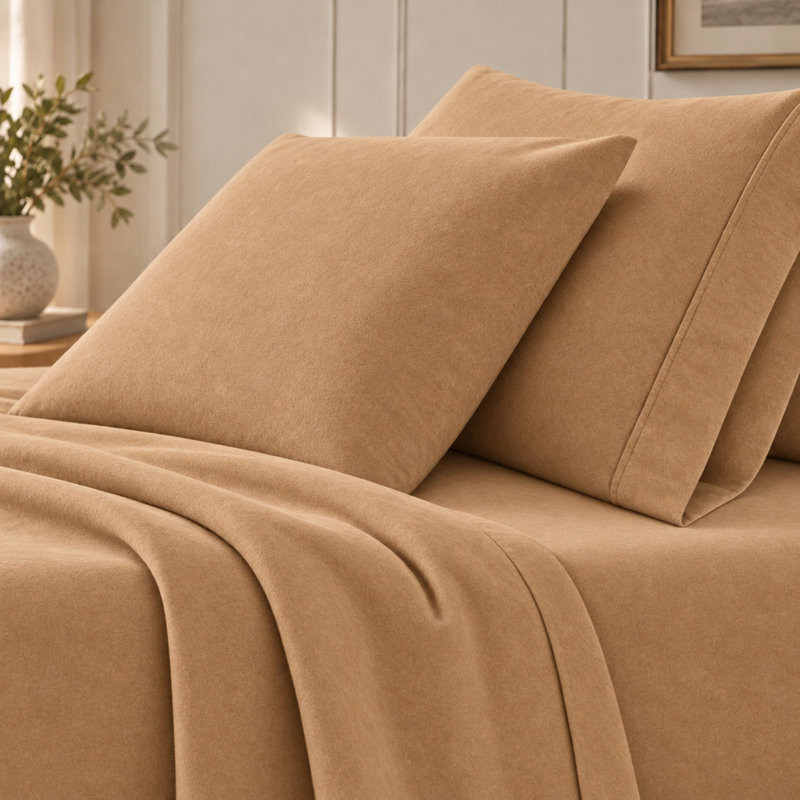 Ensemble de draps 100% flanelle de coton turc, Très grand lit, Chameau