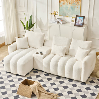 Canapé d'angle en tissu de fourrure de 92 pouces de haute qualité avec port USB, console centrale et table basse. Un très grand canapé rembourré, idéal pour les grands salons, les appartements et les bureaux.
