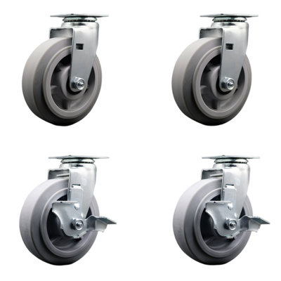 4 Piece Thermoplastic Rubber Swivel Caster Set with Roller Bearings and 2 Brakes
