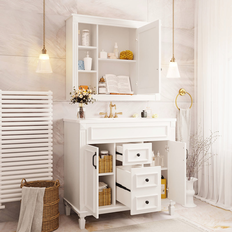 Meuble-lavabo 36 po avec lavabo et miroir, Crème