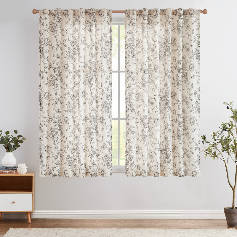 Neacsa Peony Floral Semi-Sheer Curtain Panel Pair , 50" W x 63" L, Brown