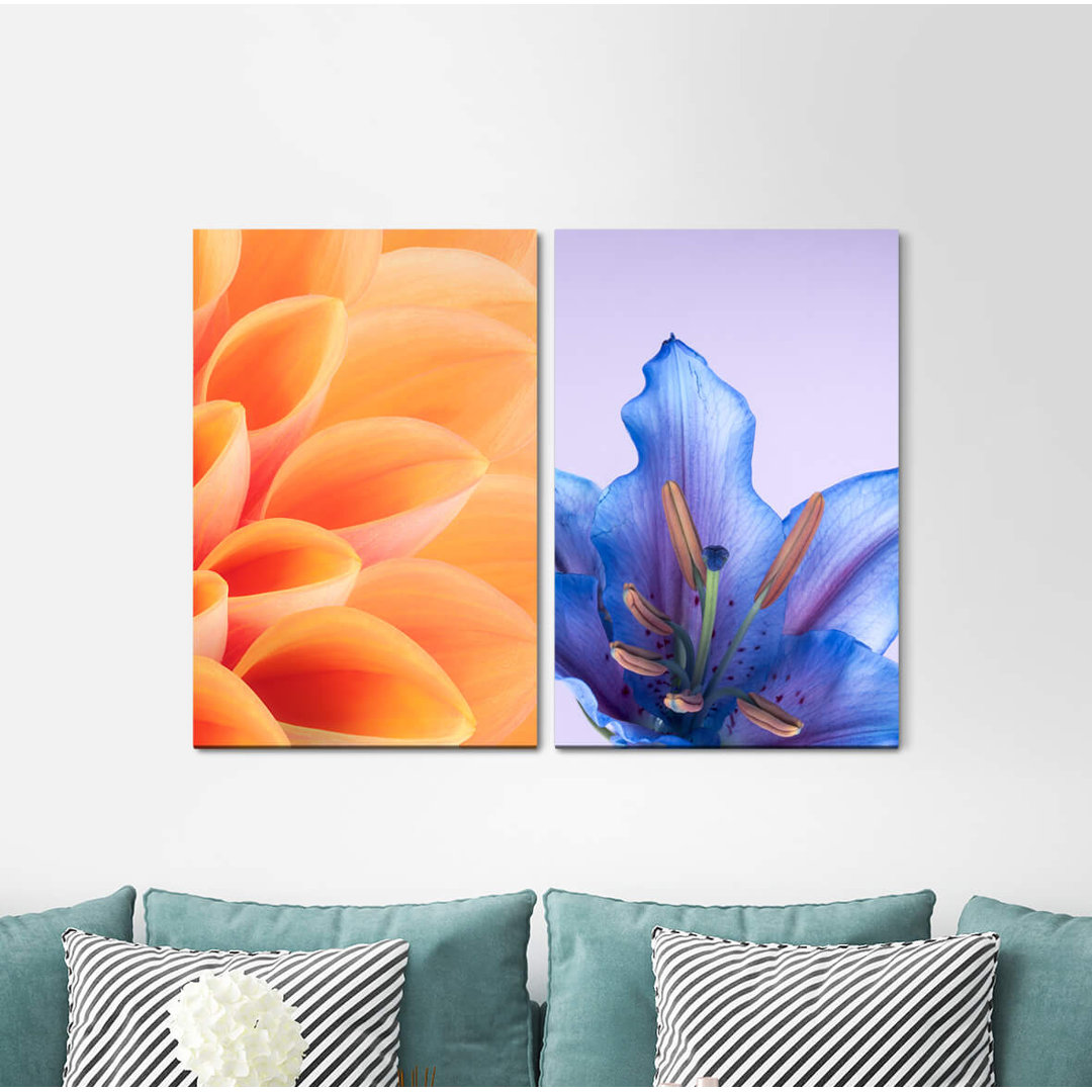 2-tlg. Leinwandbilder-Set - Grafikdruck „Dahlia Flowers Orange Blue Flowers Summer”