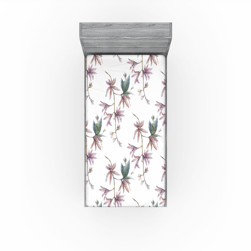 Drap-housse à motif floral Ambesonne, Drap-housse de taille simple, Amande, lilas, gris, bleu sarcelle / floral