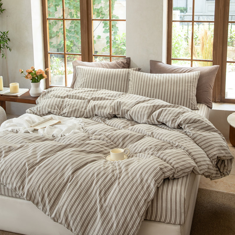 DONEUS Striped Duvet Cover Set 100% Washed Cotton Linen Like Soft Feelling Breathable Bedding, Linen Gray