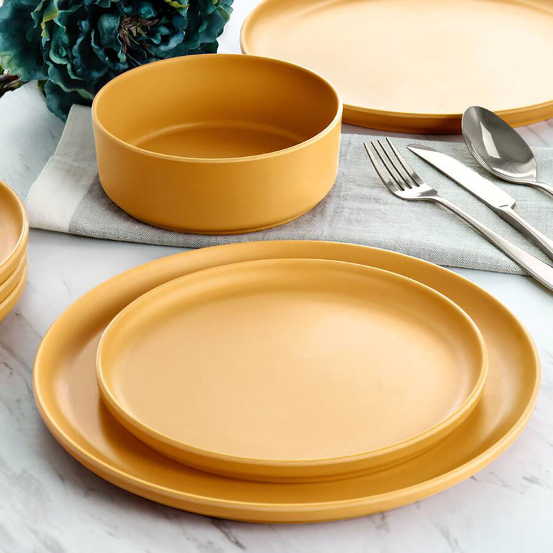 Service de table rond en mélamine 12 pièces, assiettes et bols incassables, vaisselle légère et durable, service pour quatre
