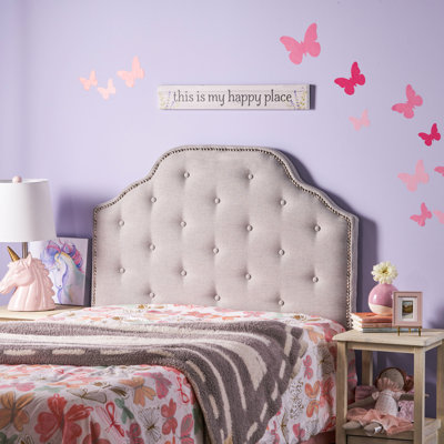 Tête de lit grise en tissu pour lit simple avec piqûres de losanges contemporaines et pieds cloutés réglables