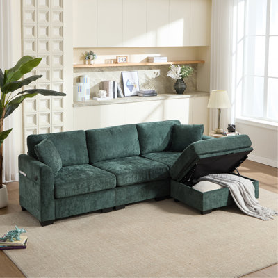 Modern Storage Sofa With Dual USB, 2 Side Pockets,Ottoman Storage Bench Cloud Sectional Chenille Sofa Oversized,4-Seat, L-Shaped Couch