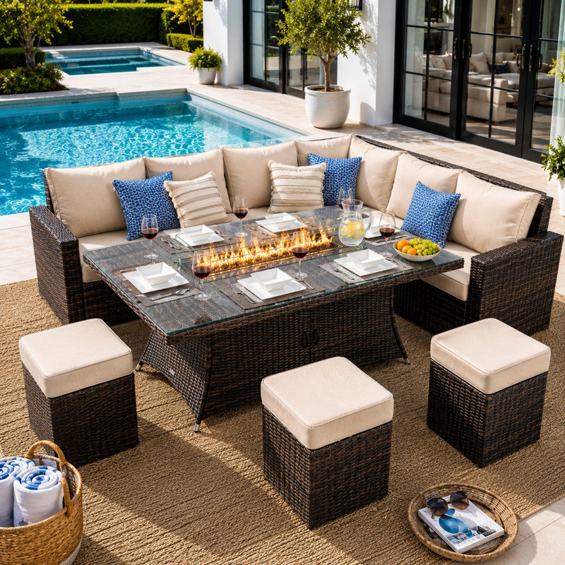 Bozhana 9 - Person Patio Dining Set with Rectangular Table , Cushions Included