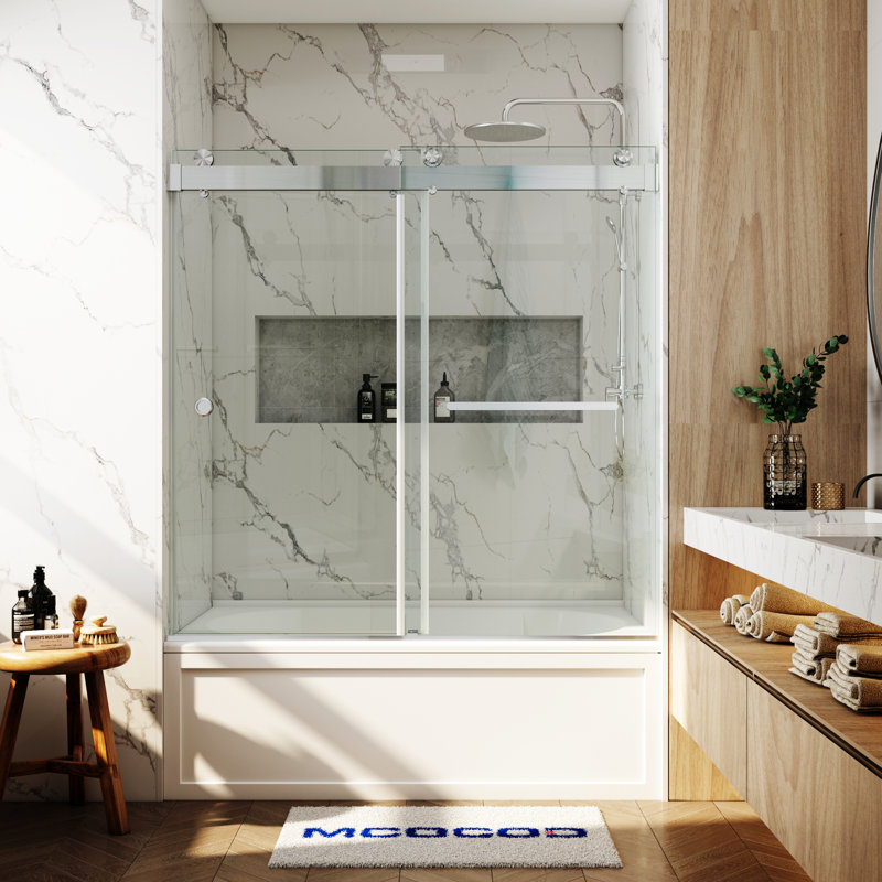 Porte de baignoire coulissante lisse sans cadre avec verre transparent de 3/8 po (10 mm) Opal Mirage MCOCOD l 56 à 60 po x H 66 po