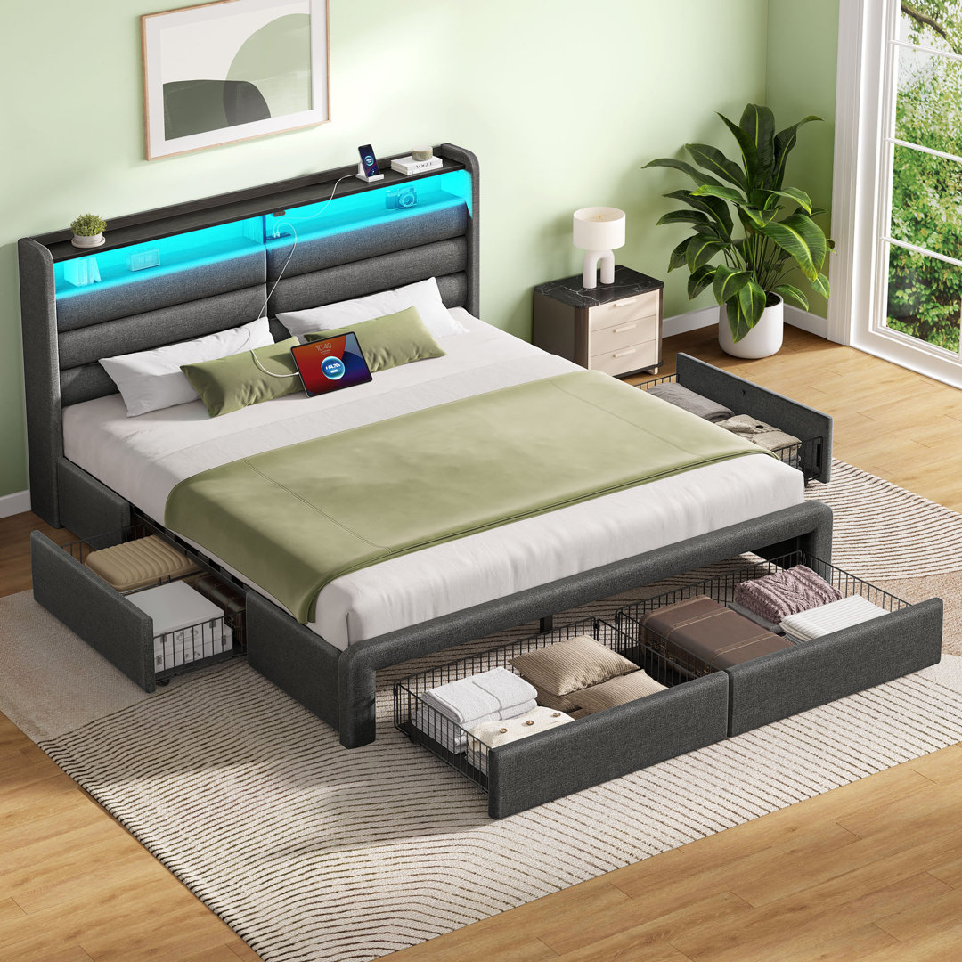 Wenda Bed Frame with 4 Storage Drawers and LED Lights, Upholstered Bed with Headboard and Charging Station Ivy Bronx 