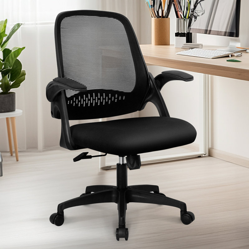 Ergonomic Mesh Home Office Chair with Armrests, Space-Saving Design, Plastic, Black