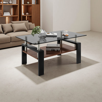 Table basse rectangulaire, plateau en verre trempé avec panneau de fibres à densité moyenne