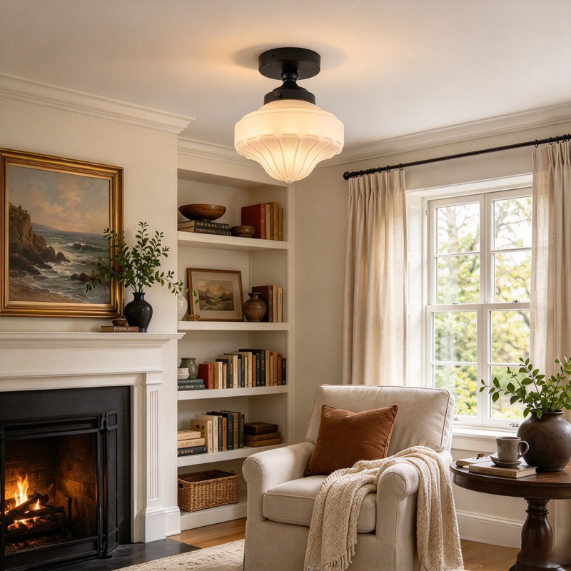 1-Light Vintage Schoolhouse Fluted Glass Semi-Flush Mount Ceiling Light, Dimmable, Matte Black