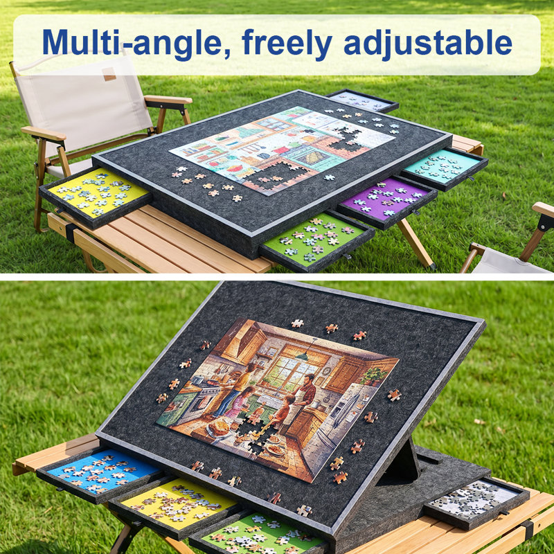 Adjustable Tilting Jigsaw Puzzle Table with Stand Light Grey Frame, Lightweight Felt Puzzle Board with Dust Cover & 5 Colour-Coded Sorting Drawers, Puzzle Workstation Holds Up to 1500 Piece Jigsaw Puzzles