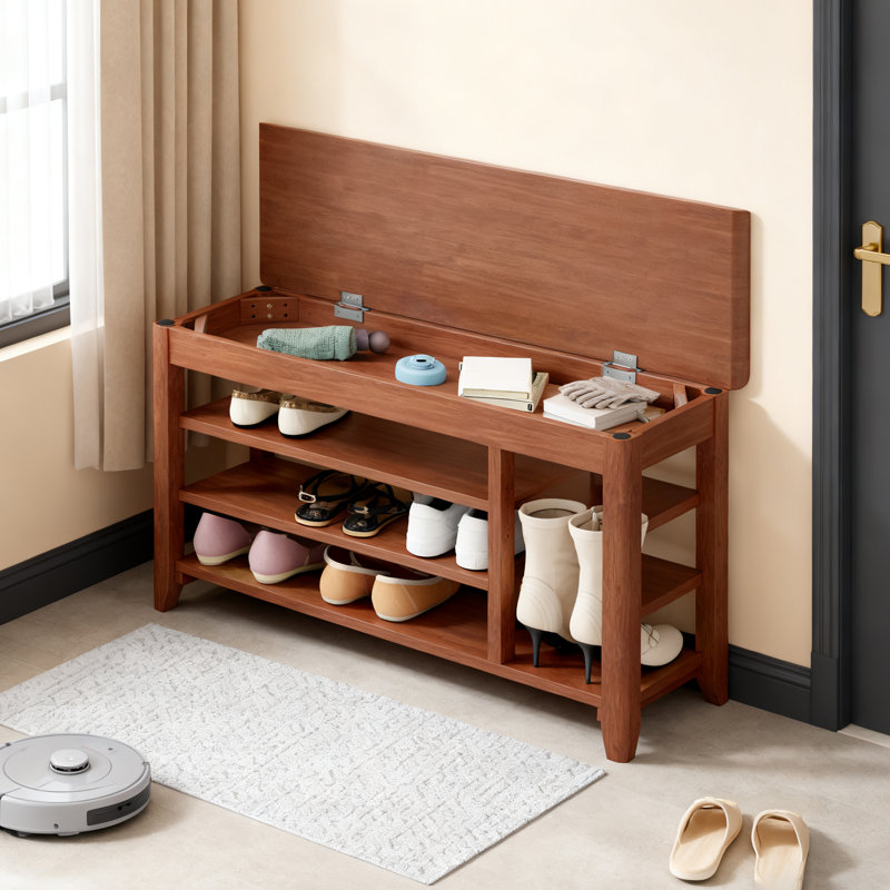 Banc à chaussures en bois massif 39,6 po avec rangement surélevé, rangement pour hall d'entrée d'une capacité de 550 lb avec coffre