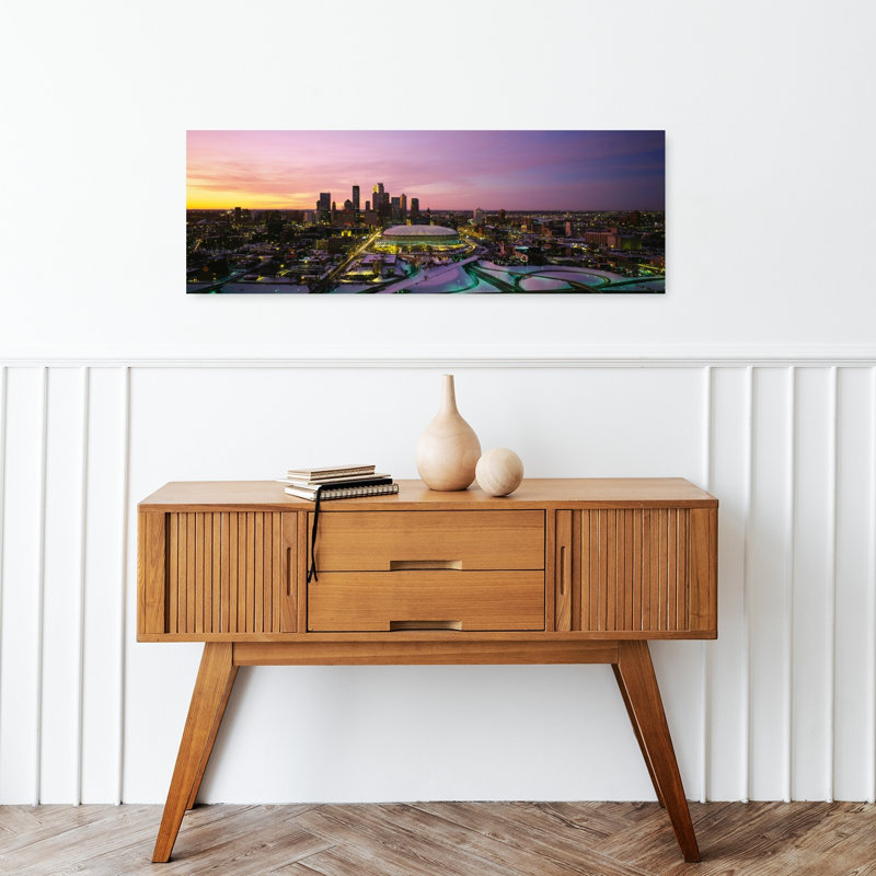 Skyscrapers lit up at sunset Minneapolis Minnesota USA 1 Piece Wrapped Canvas Panoramic Wall Art, 30.48 cm H x 91.44 cm W