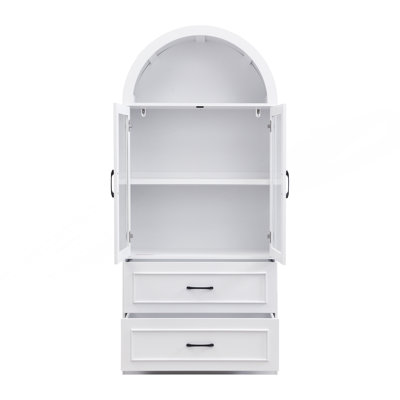 Meuble de rangement moderne et minimaliste à dessus arqué, portes en verre trempé, étagères fixes à 2 niveaux et 2 grands tiroirs.