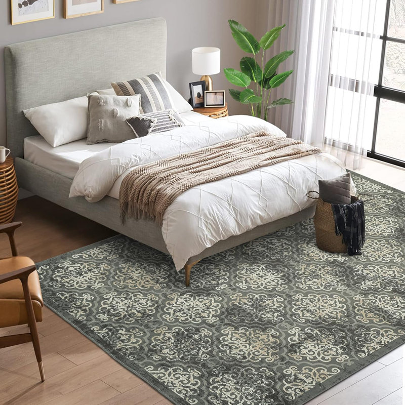 5x7 Washable Area Rug Non-Slip Low Pile, Vintage Gray Soft Non-Shedding Thin Carpet, Retro Distressed Faux Wool Oriental Rug for Bedroom/Living Room